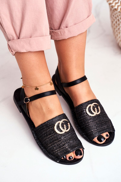 Czarne Damskie Płaskie Sandałki Lu Boo Plecione Felicia