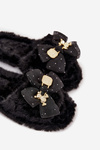 Fur Ladies Slippers With Bow And Golden Decoration Black Nolara