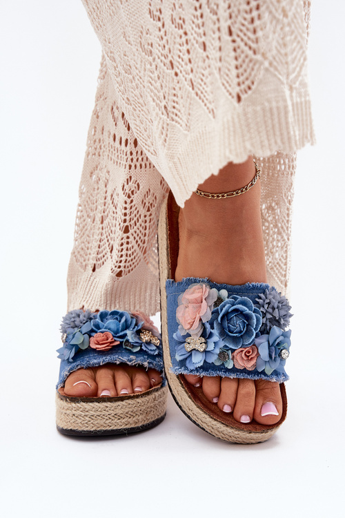 Ladies platform sandals with weaving and flowers blue Chellia