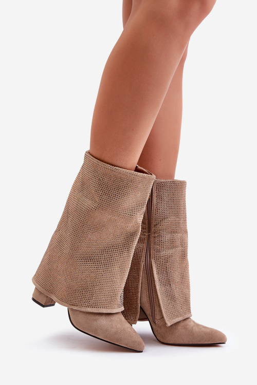 Decorated Shiny Ankle Boots With Turned Shaft On Heel Insulated Beige Xistaria