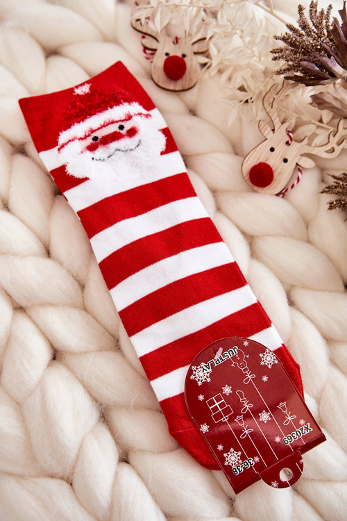 Women's Funny Christmas Socks In stripes with Santa Claus red and white