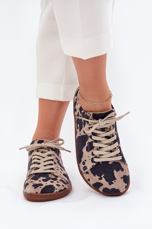 Women's Suede Barefoot Sneakers With Stripes Zazoo N1120 Brown-Beige