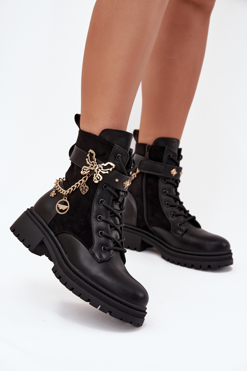 Women's Work Boots Insulated With Gold Chain And Charms Black Vessara