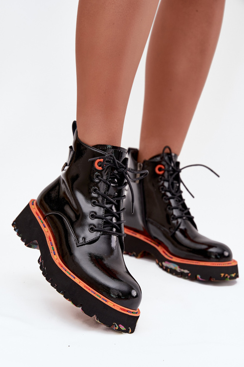 Damskie Botki Ocieplane Z Lakierowanej Skóry Czarne Artiker 57C0061