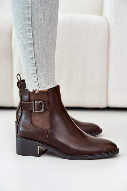 Sztyblety Botki Ocieplane Niski Obcas Złota Klamra Brązowe Vomera