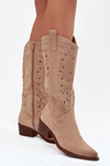 Cowboy Boots With Perforated Pattern On Low Heel Beige Selirae
