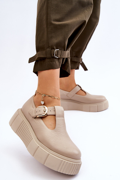 Zazoo 20102 Stylish Leather Loafers on Chunky Platform Beige