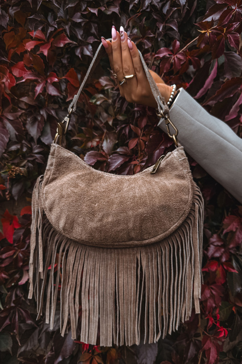 Leather Suede Bag with Fringes Dark Beige Aurelisse
