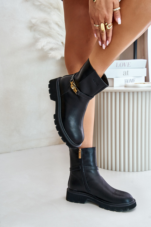 Leather Women's Ankle Boots With Strap Insulated GOE OO2N4150 Black