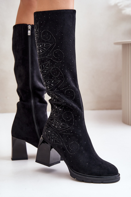 Ocieplane Kozaki Damskie Zdobione Przed Kolano Na Słupku Czarne MR880-158