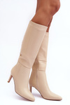 Leather Heeled Over-the-Knee Boots Beige Serpens