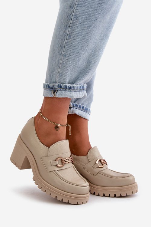 Damskie Półbuty Na Słupku Skóra Naturalna Jasnobeżowe Zazoo 20175