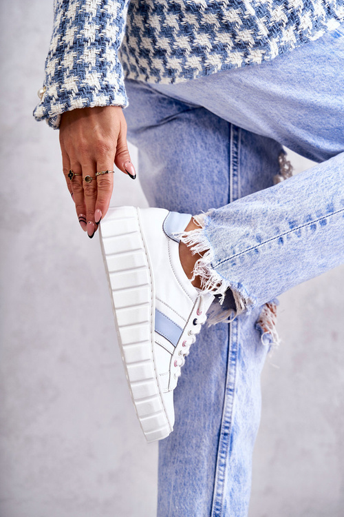 Women's Sport Leather Shoes Tied White and Blue Ariva