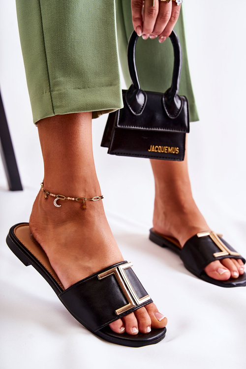 Women's Classic Leather Slippers With Ornament Black Maren