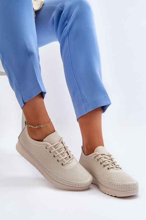 Sportowe Buty Trampki Damskie Skórzane Beżowe Lalnai