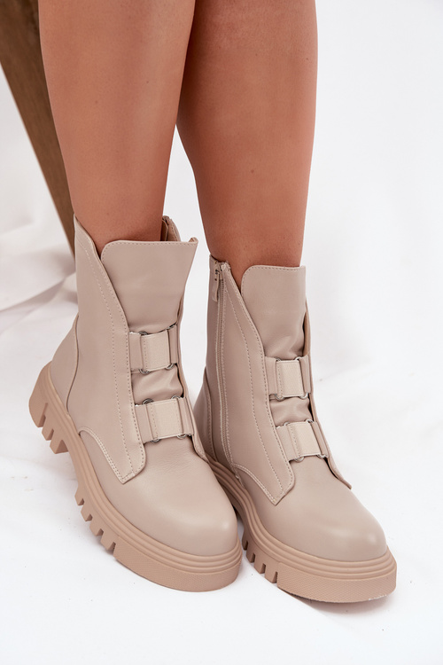 Fleece Lined Women's Worker Boots with Zip Eco Leather Light Beige Mailyra