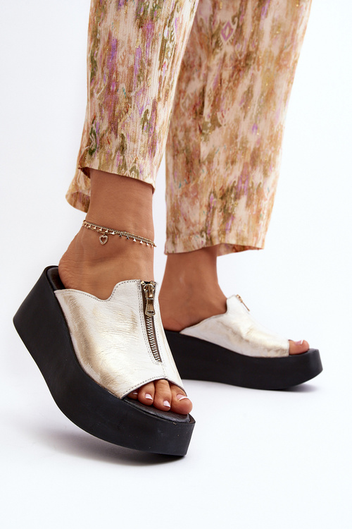 Zazoo 2916 Women's Slippers on Chunky Platform with Zipper Gold