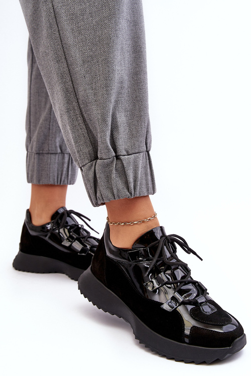 Buty Sportowe Lakierowane Damskie Skóra Czarne M01/2 Zazoo