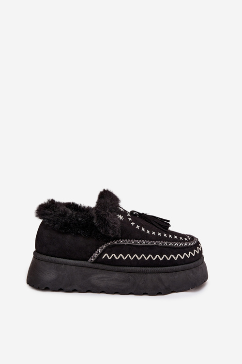 Damskie Śniegowce Na Platformie Z Futerkiem I Frędzlami Czarne Ferayne