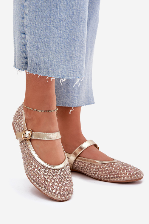Decorated Women's Ballet Flats With Strap And Buckle Gold Avirae