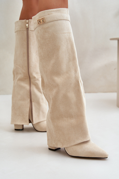 Women's Eco Suede Boots With Rolled Top On Heel Beige Bralise