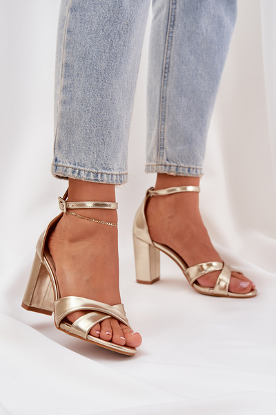 Sandały Eko Skóra Obcas Słupek Złote Lanaria