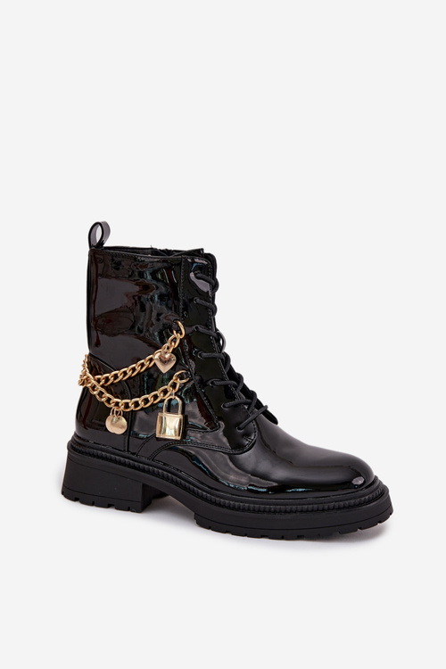 Lacquered Ankle Boots Workers Women's With Golden Chain Insulated Black Sarinae