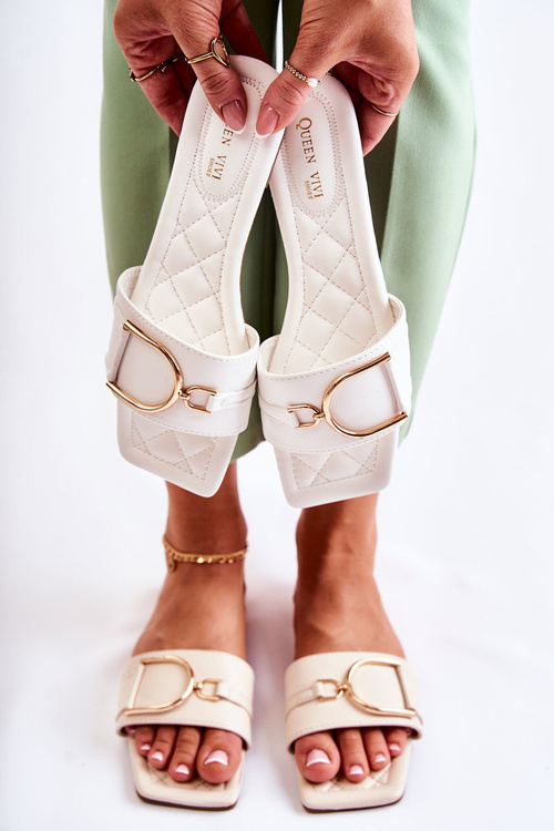 Women's Classic Leather Slippers With Decoration White Shilla