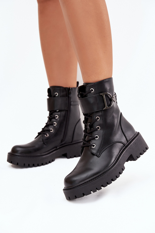 Women's Workery Boots With Lining With Decorative Strap Black Ulivine