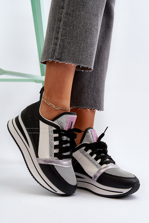Sneakersy Damskie Platforma Koturn Brokat Rafani Czarne A-59
