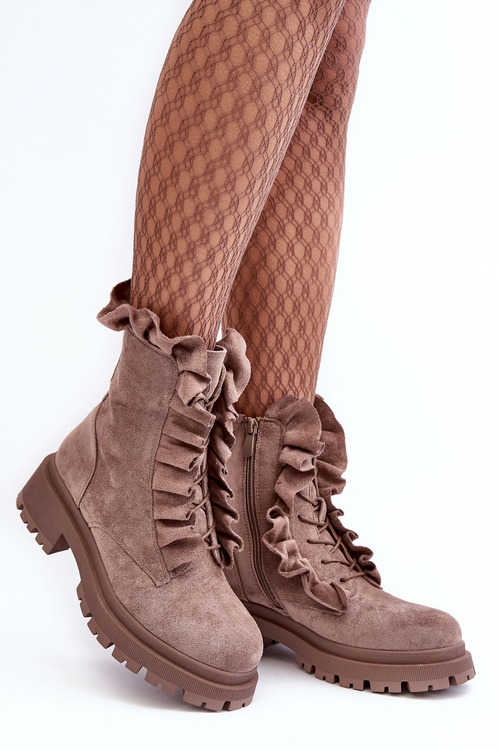 Botki Workery Ocieplane Zamsz Płaski Obcas Ciemnobeżowe Nacelle NS336P