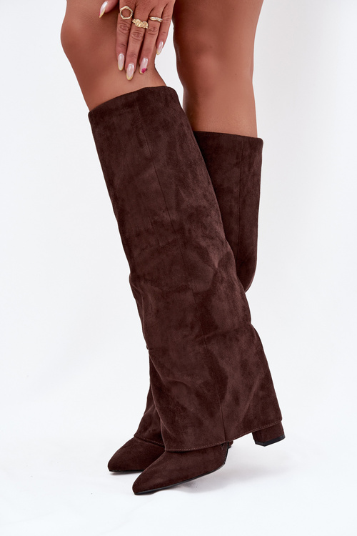 Insulated Women's Boots with Turned Cuff on Heel Eco Suede Chocolate Elivira