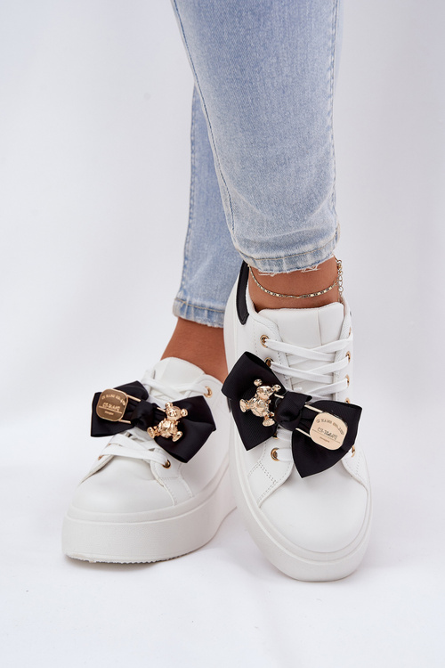 Women's Sneakers With Bow And Brooch With Bear Black-White Leathria