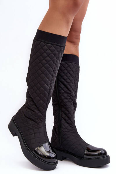 Flat Heel Over The Knee Quilted Boots Black Amalfri