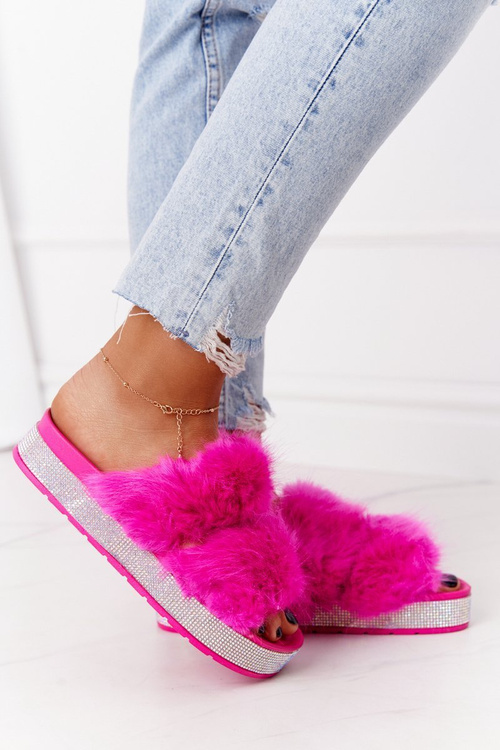 Platform Slippers With Fur And Cubic Zirconia Fuchsia Wow!