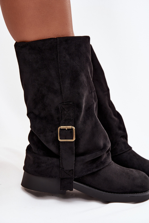 Women's Boots with Turned Cuff to Mid-Calf with Buckle Black Minelle