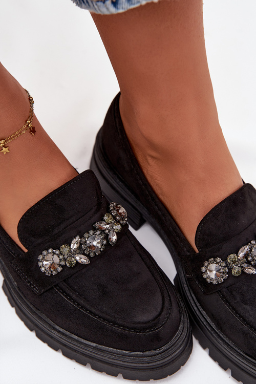 Damskie Eko Zamszowe Mokasyny Z Kryształkami Czarne Lavisse