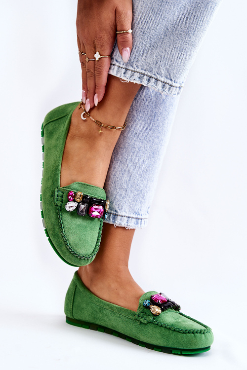 Mokasyny Damskie Zamsz Ozdoby Zielone Janetta