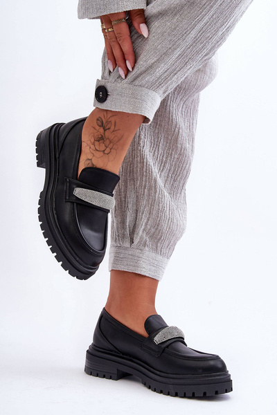 Mokasyny Masywne Skóra Ozdoba Czarne Aricka 7961