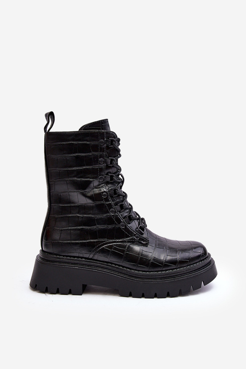 Women's Workery Boots with Decorative Embossing Black Tarolia