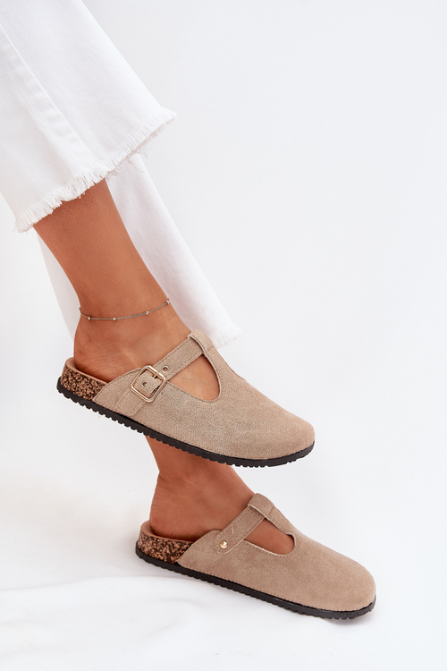 Women's Slides With Gold Buckle Beige Lirina