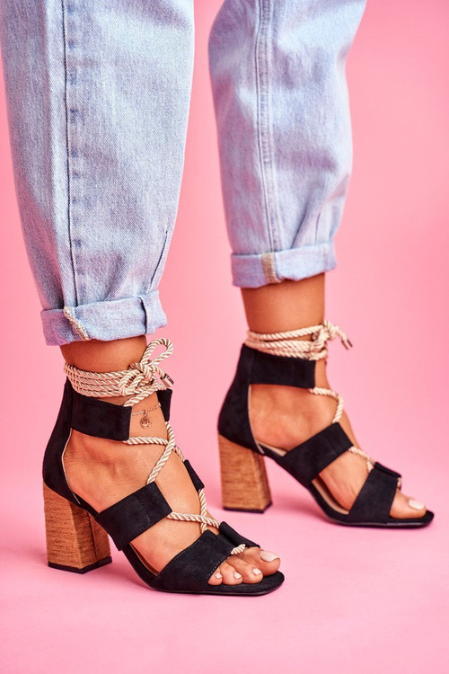 Sandały Damskie Na Słupku Wiązane Zamszowe Czarne Amore