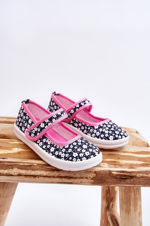 Children's Velcro Ballerinas In Print Navy Blue And Pink Selah