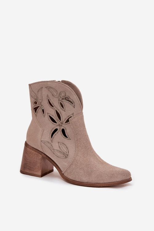 Women's openwork suede boots on heel Zazoo 3690 beige