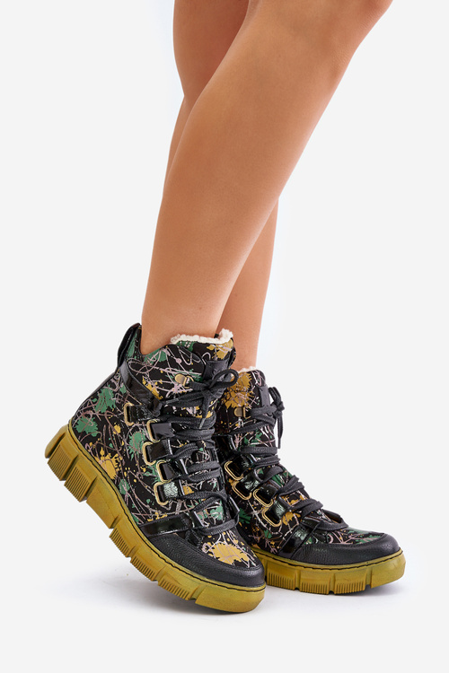 Botki Płaskie Sznurowane Skóra Maciejka 06158-07 Żółto-Czarne