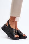 Black Women's Leather Wedge Sandals with Ornament Salvania