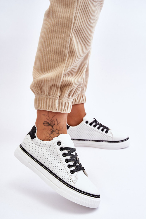 Trampki Niskie Damskie Perforacja Biało-Czarne Daxton