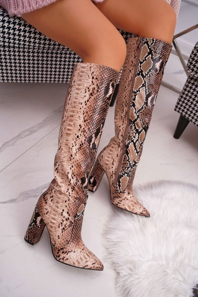 Women's Stiletto Boots Animal Textured Brown Brogues