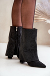 Embellished Shiny Ankle Boots With Turned Shaft On Block Heels Insulated Black Xistaria