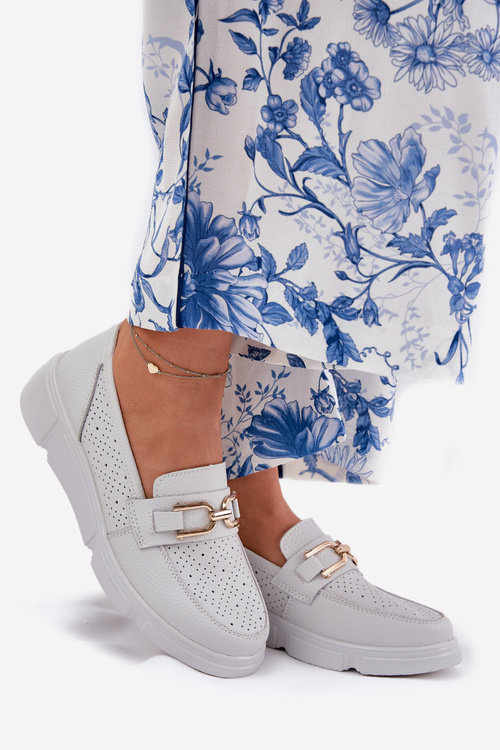 Mokasyny Skóra Naturalna Złota Ozdoba Jasnoszare Vinceza 88007